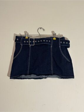 Dark Blue Denim Mini Skirt with Grommet Belt